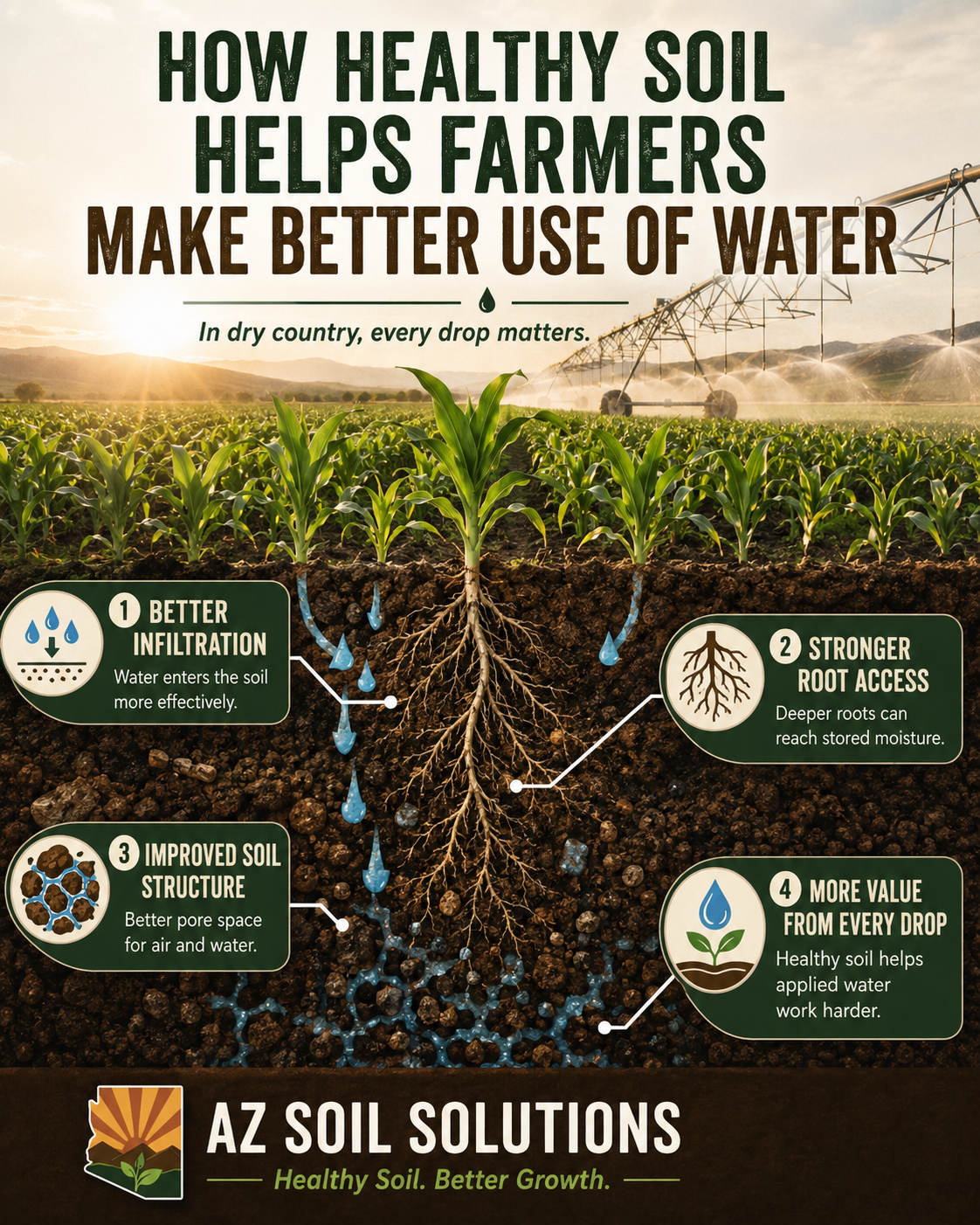 How Healthy Soil Helps Farmers Make Better Use of Water infographic showing infiltration, root access, soil structure, and water value