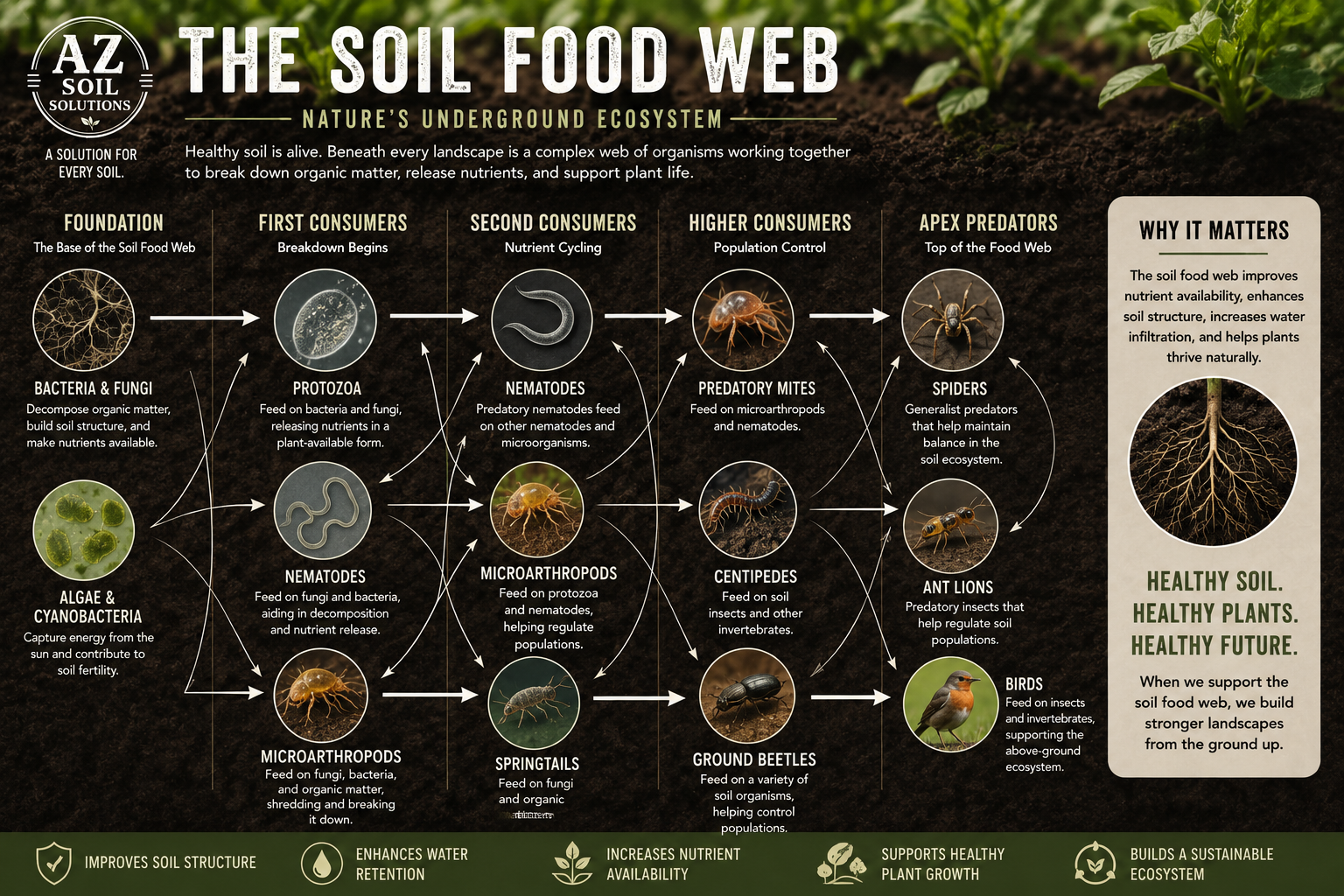 The Soil Food Web: Nature's Underground Ecosystem infographic