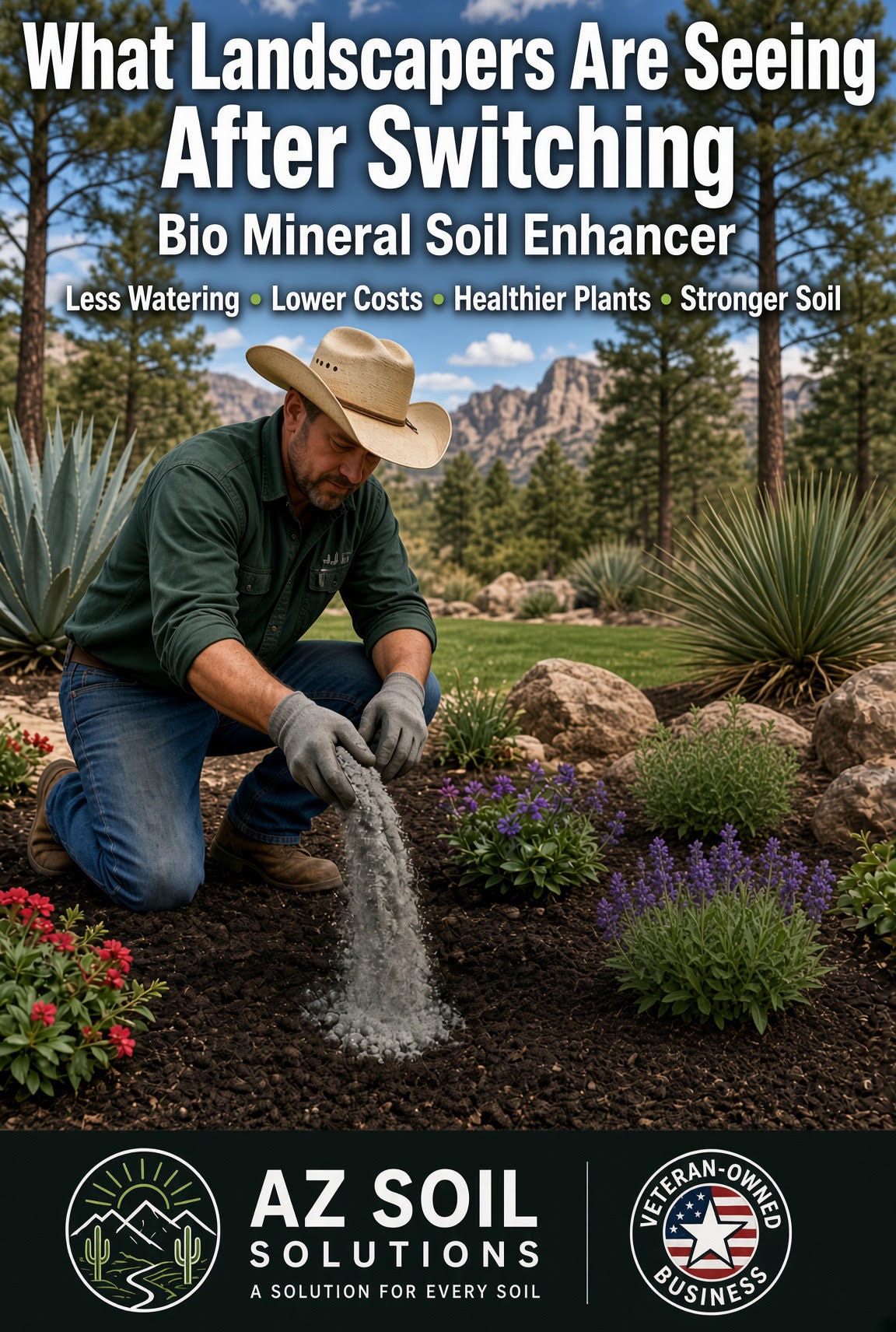 Landscaper applying AZ Soil Solutions Bio Mineral Soil Enhancer into an Arizona planting bed